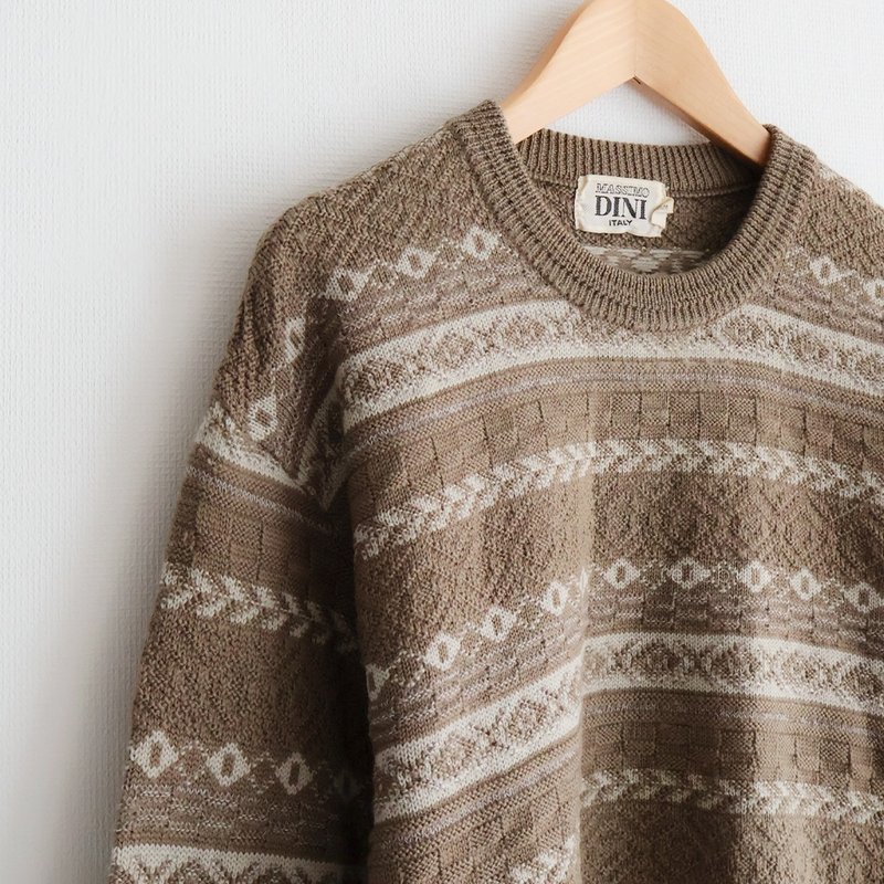冬复古中性日本制几何针织深卡其薄款羊毛古着毛衣 - 女装针织衫/毛衣 - 羊毛 咖啡色