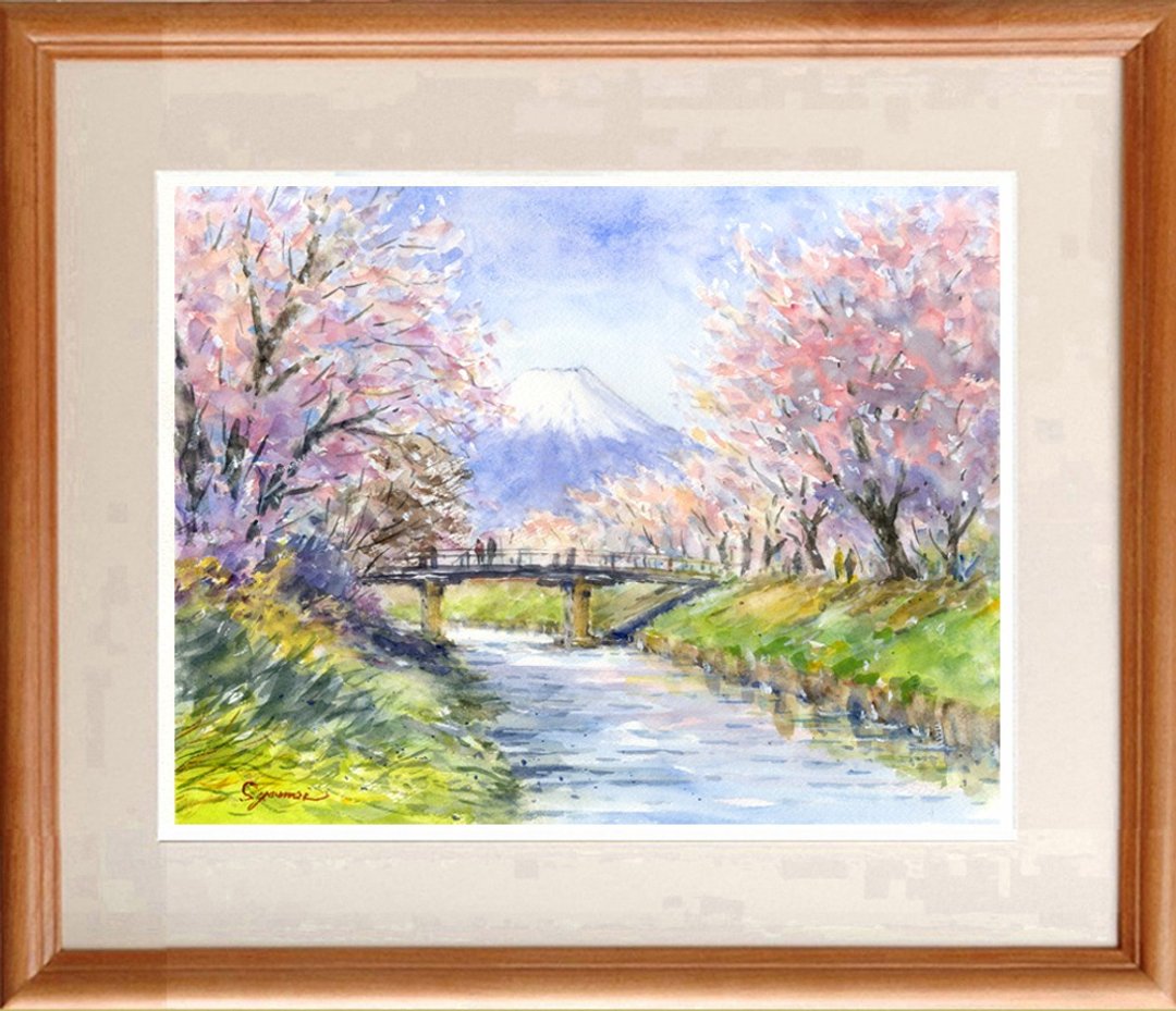Made-to-order watercolor painting original Mt. Fuji and cherry blossoms, Oshino village - 海报/装饰画/版画 - 纸 粉红色