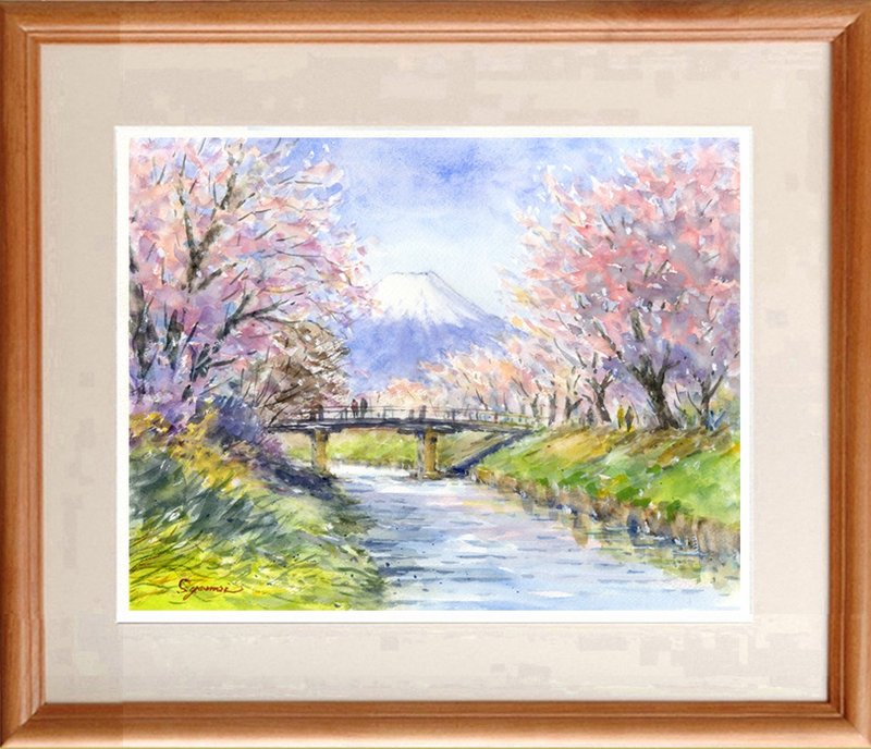 受注制作します　水彩画原画　富士山と桜・忍野村 - 海报/装饰画/版画 - 纸 粉红色
