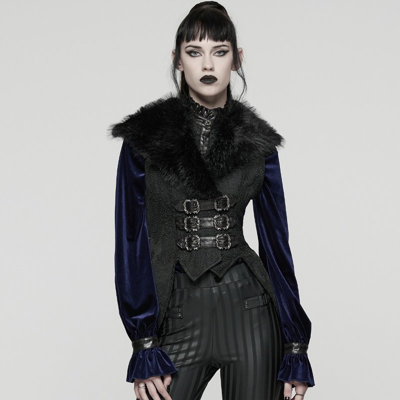 哥德剑士宫廷毛绒翻领燕尾马甲 - 女装休闲/机能外套 - 其他材质 黑色