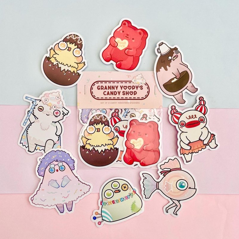 Granny Yoopys Candy Shop | Set of 8 waterproof monster stickers - 贴纸 - 防水材质 多色