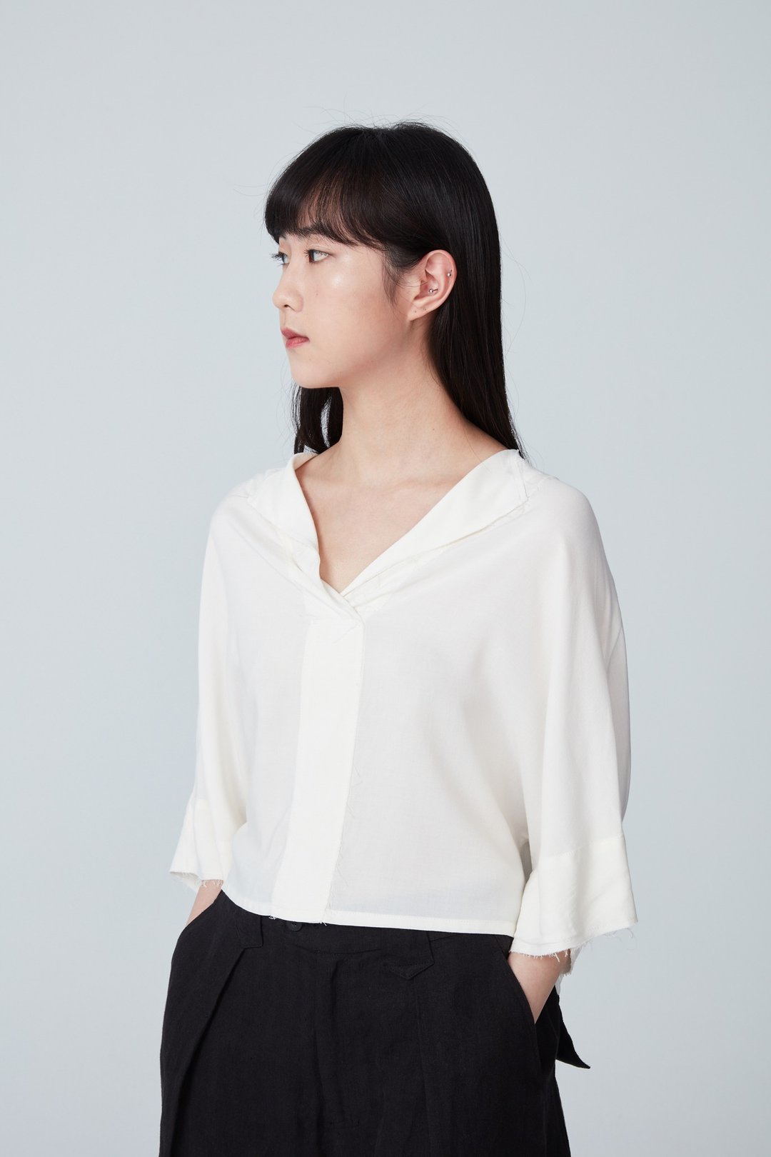 翻领短版上衣 - 女装上衣 - 棉 白色