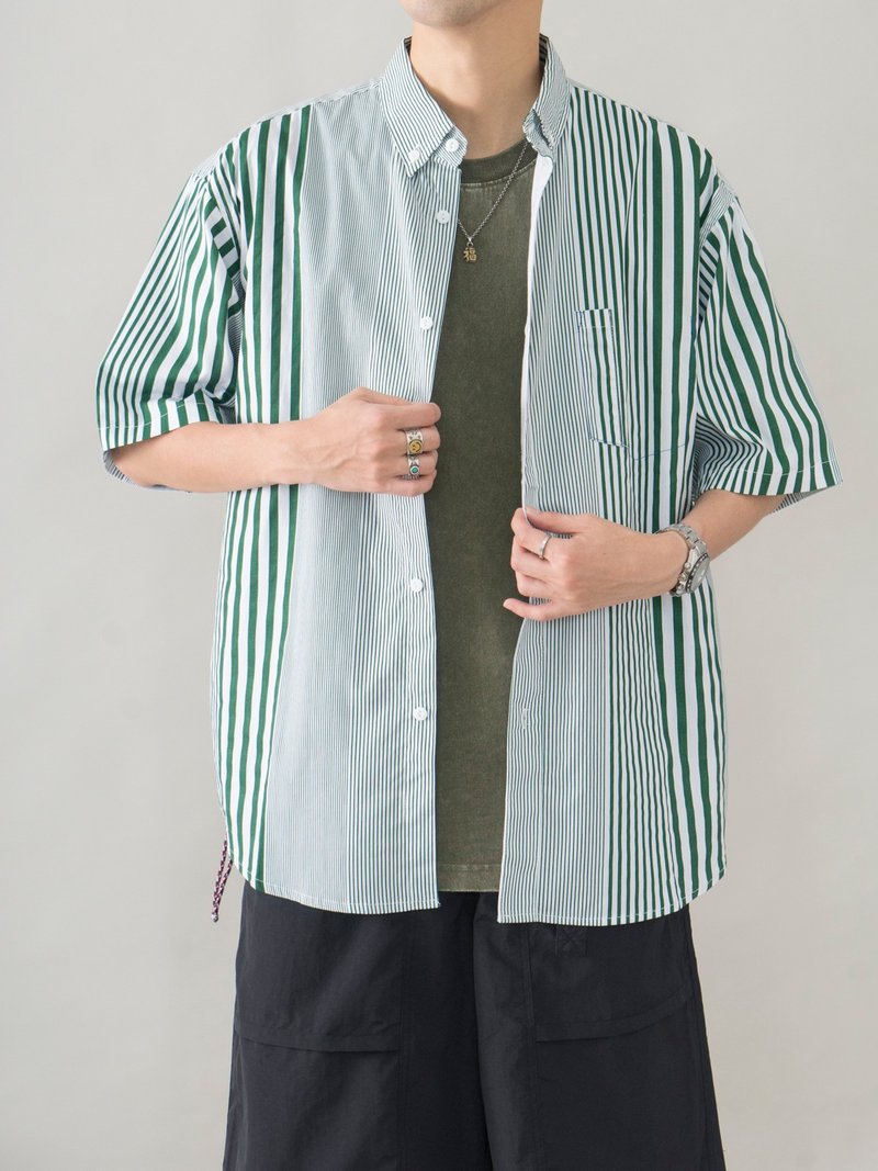SHIRTS 日系休閒短袖襯衫 夏日清涼配色 條紋寬鬆設計 潮流 - 男装衬衫 - 棉．麻 绿色