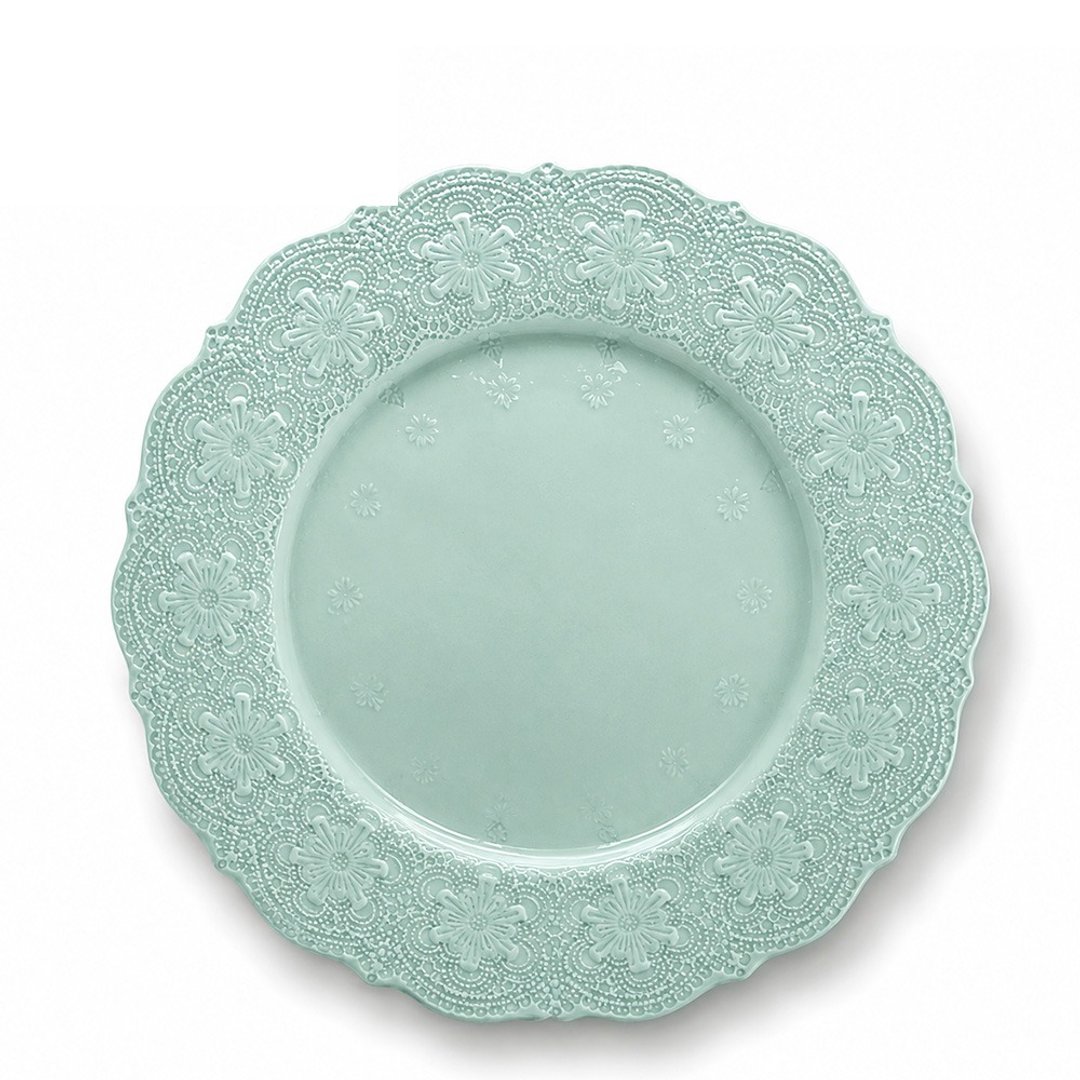 意大利 VBC casa 手工浮雕蕾丝系列 33cm 餐盘 蒂芬妮绿 - 盘子/餐盘/盘架 - 陶 白色