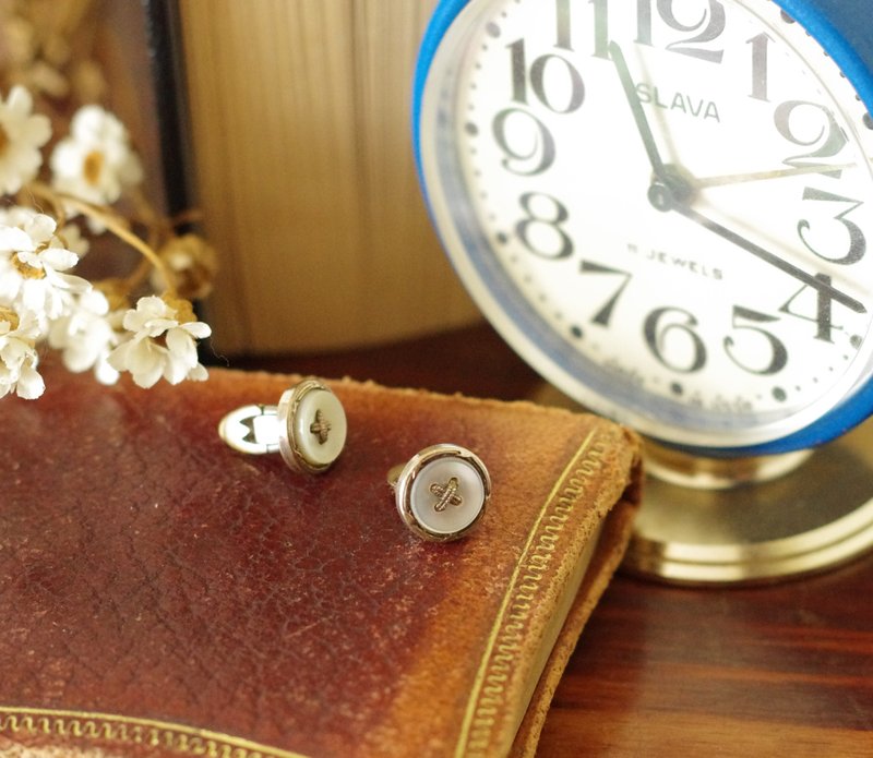 古董少见款人造珍珠贝钮扣造型银质袖扣装饰品W882 - 袖扣 - 其他金属 银色