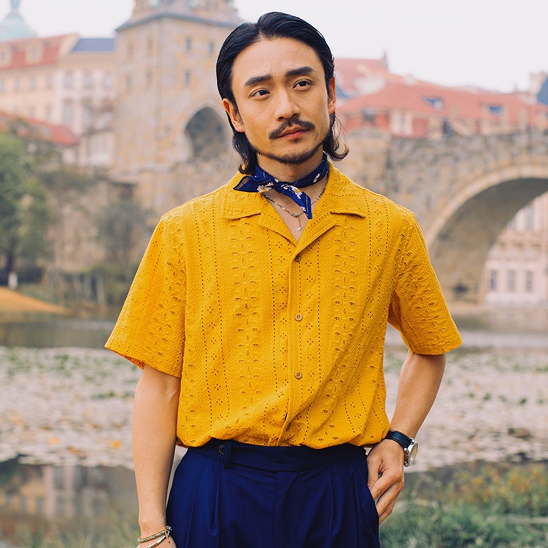 SOARIN美式复古缇花镂空休闲衬衫(2526C366) - 男装衬衫 - 棉 黄色