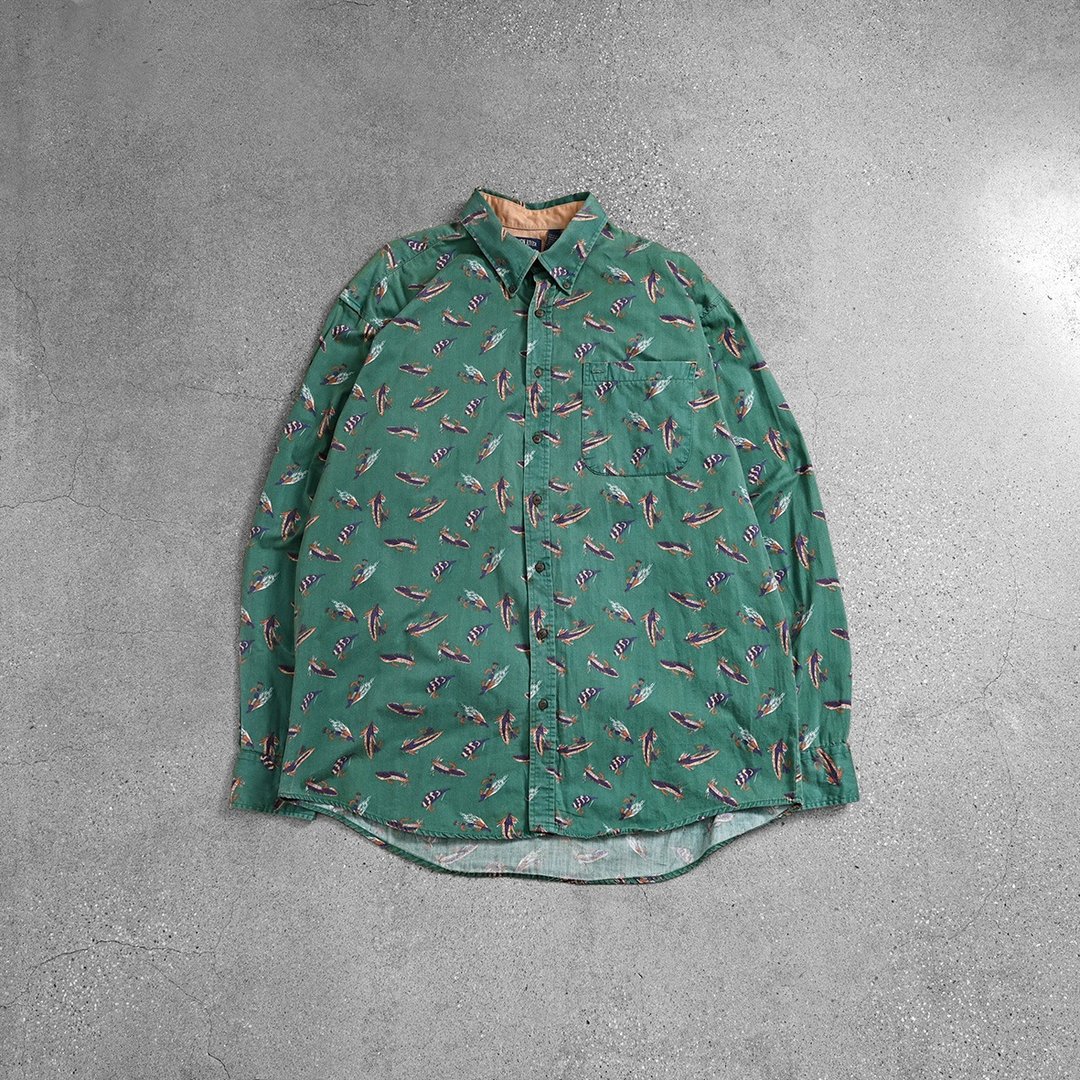 Vintage 图腾衬衫 / 古着衬衫、复古衬衫、衬衫穿搭 - 男装衬衫 - 棉 绿色