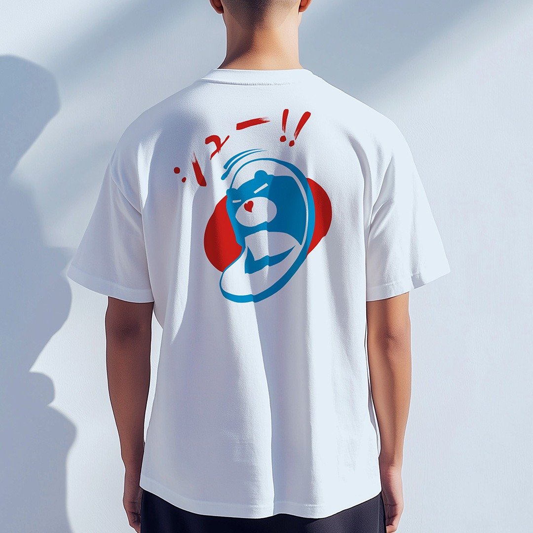 动物插画T |蓝白拖鞋熊 | 白色款印花T Shirt - 男装上衣/T 恤 - 棉 白色