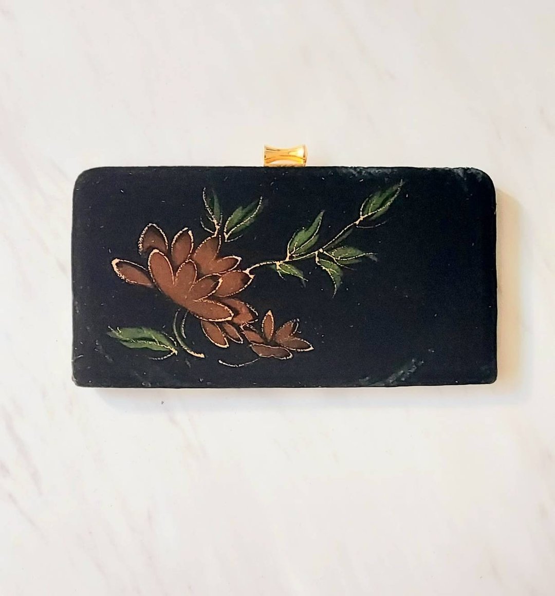 早期欧式 描金花卉 深蓝绒布 古董口金包 手拿包 - 手拿包 - 其他材质 