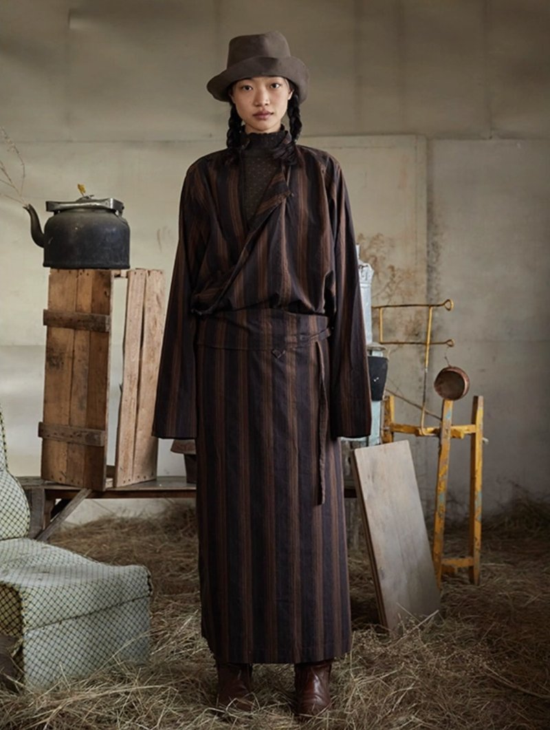 条子 文艺复古 纯棉条纹立领盘扣上衣/半裙 - 女装上衣 - 其他材质 多色