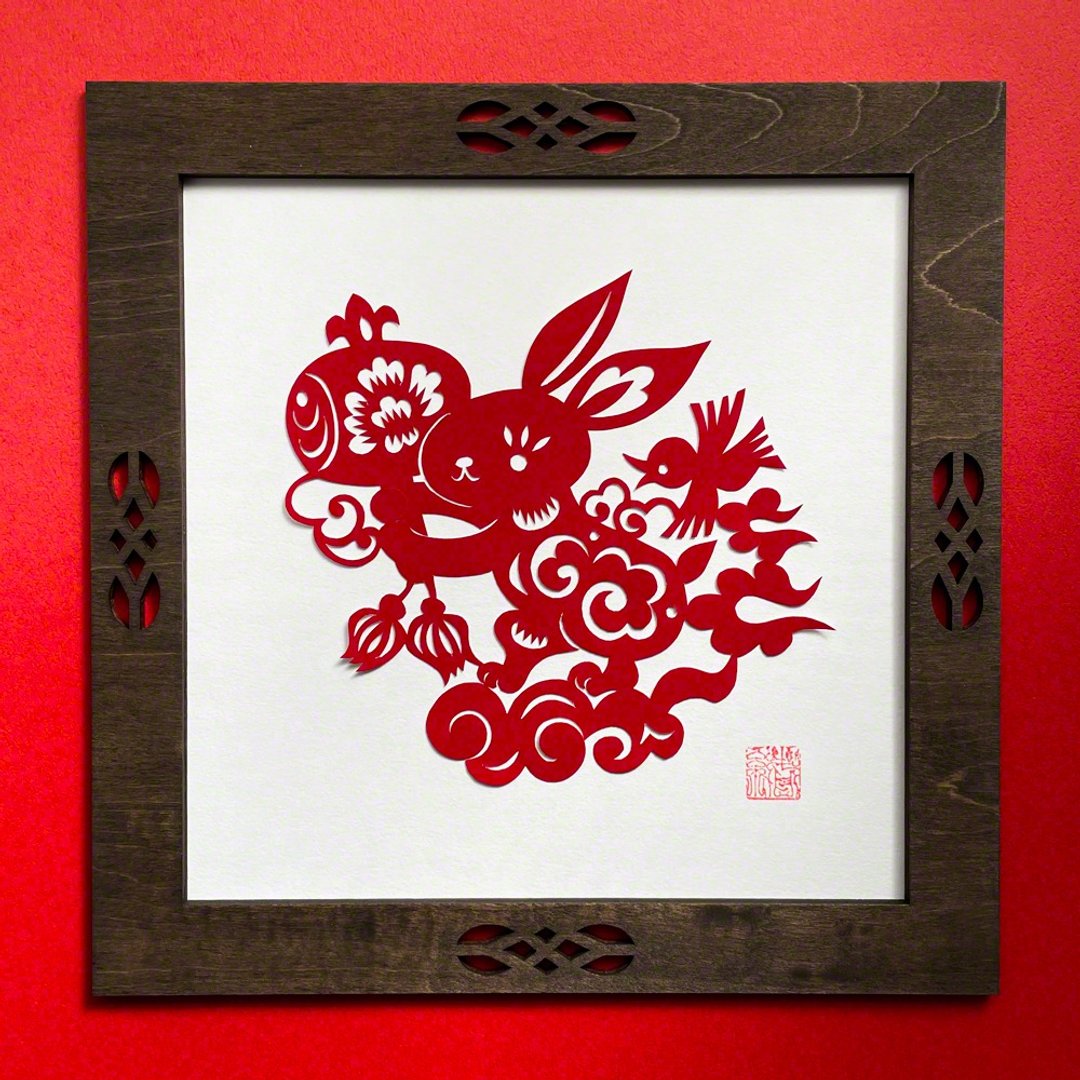 Made-to-order with wooden frame Kirigami rabbit - 海报/装饰画/版画 - 纸 红色