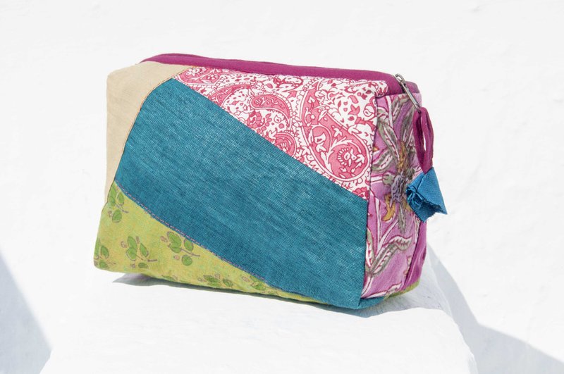 情人节礼物 母亲节礼物 生日礼物 限量一件 蓝染拼布收纳包 / 民族风包 / 相机包 / 木刻印化妆包 / 手机包 / 旅行手拿包 - 木刻印彩色森林叶子花朵 - 手拿包 - 棉．麻 多色