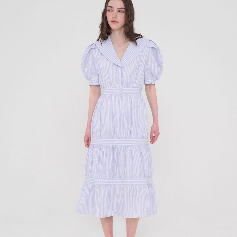 韩国姊妹情谊, 船型领连身裙 - 蓝色 - 洋装/连衣裙 - 聚酯纤维 蓝色