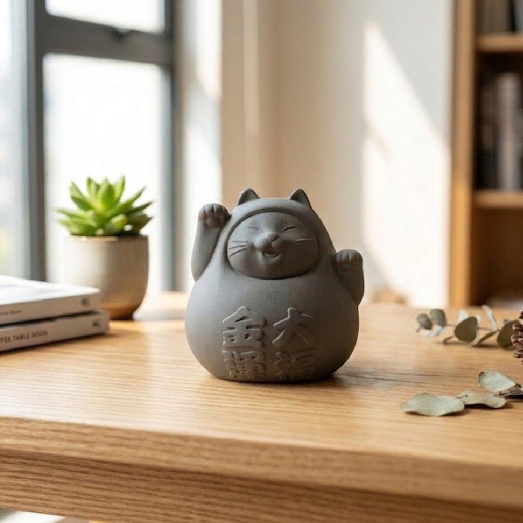 【不倒翁招财招福猫】圆滚滚幸运猫 (中) 炭钱黑 - 香薰/精油/线香 - 水泥 黑色