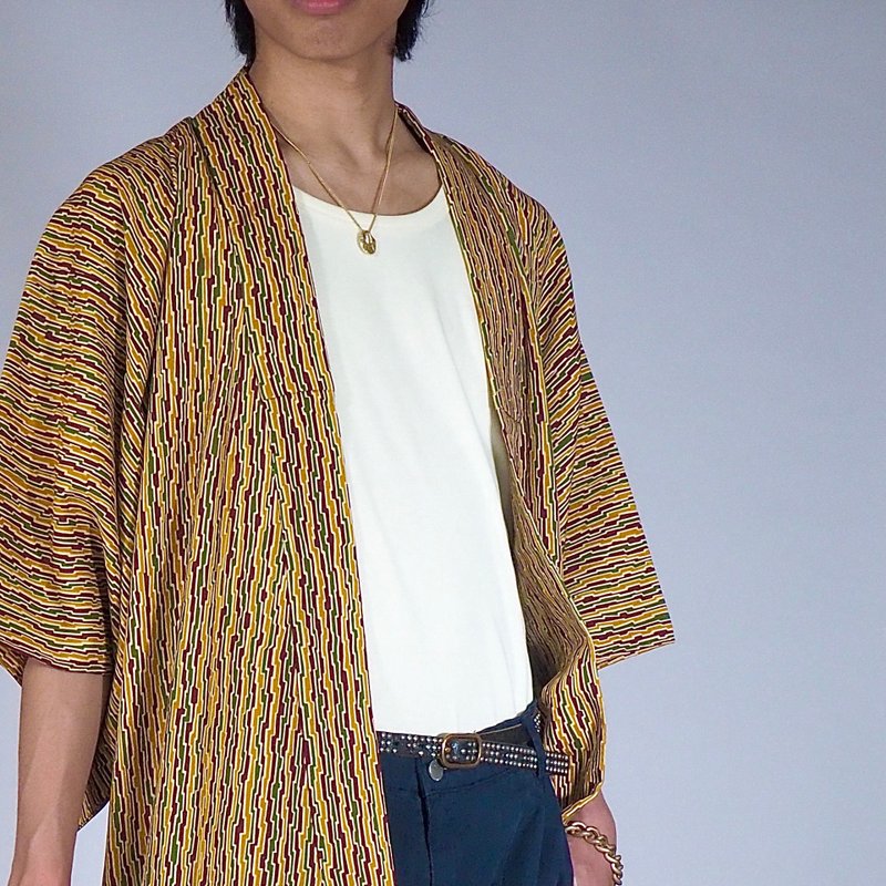 【日本制造】复古和服夏季羊毛丝绸、条纹、房间礼服、休闲服 - 居家服/睡衣 - 丝．绢 黄色