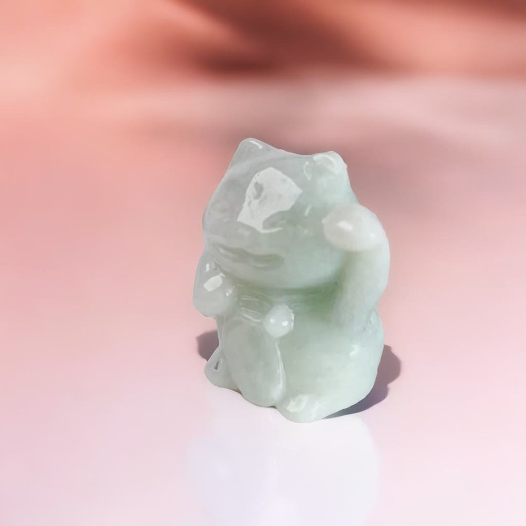淡绿翡翠招财猫摆件摆饰 | 天然缅甸玉A货翡翠 | 送礼 - 摆饰 - 玉石 绿色