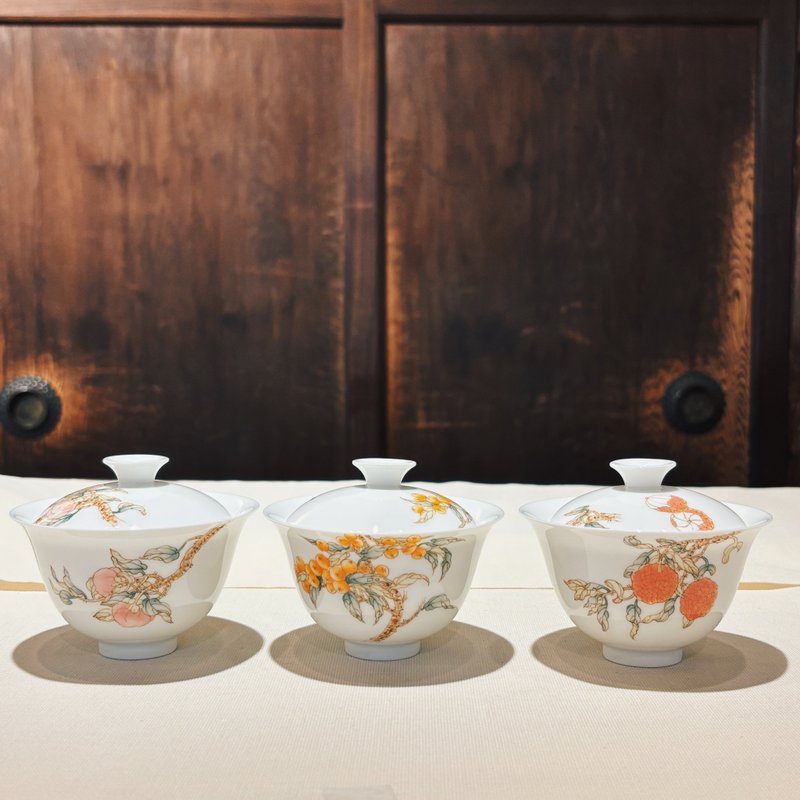 自慢监制 不言美器 釉中彩 玉瓷 盖杯 枇杷 荔枝 柿子 - 茶具/茶杯 - 瓷 