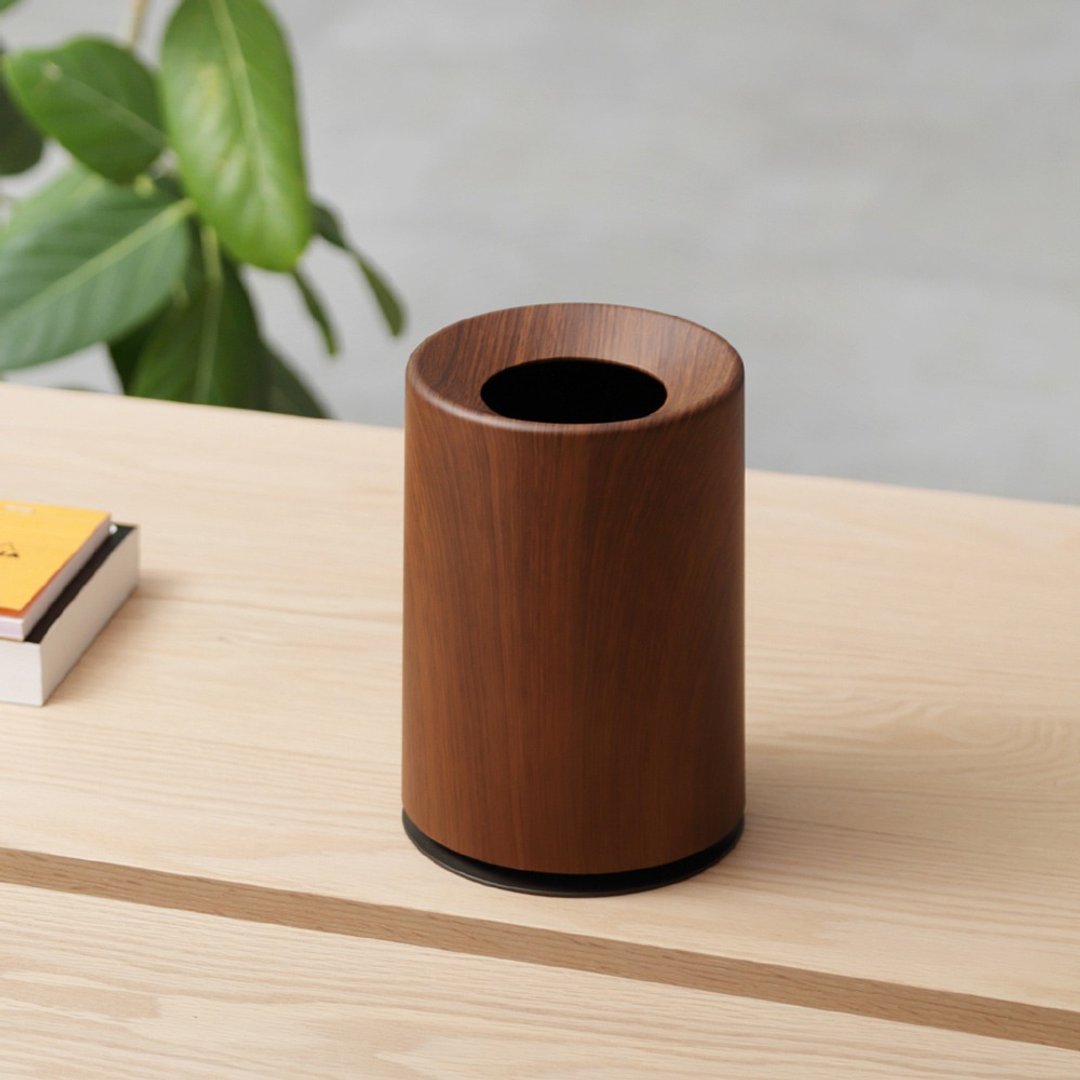 日本ideaco 胡桃木纹摩登圆形桌边垃圾桶-1.2L - 垃圾桶 - 塑料 