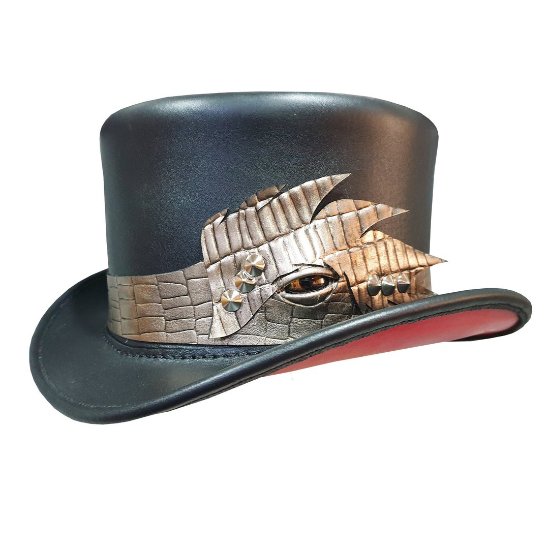 Crocodile Eye Band Leather Top Hat - 帽子 - 真皮 黑色