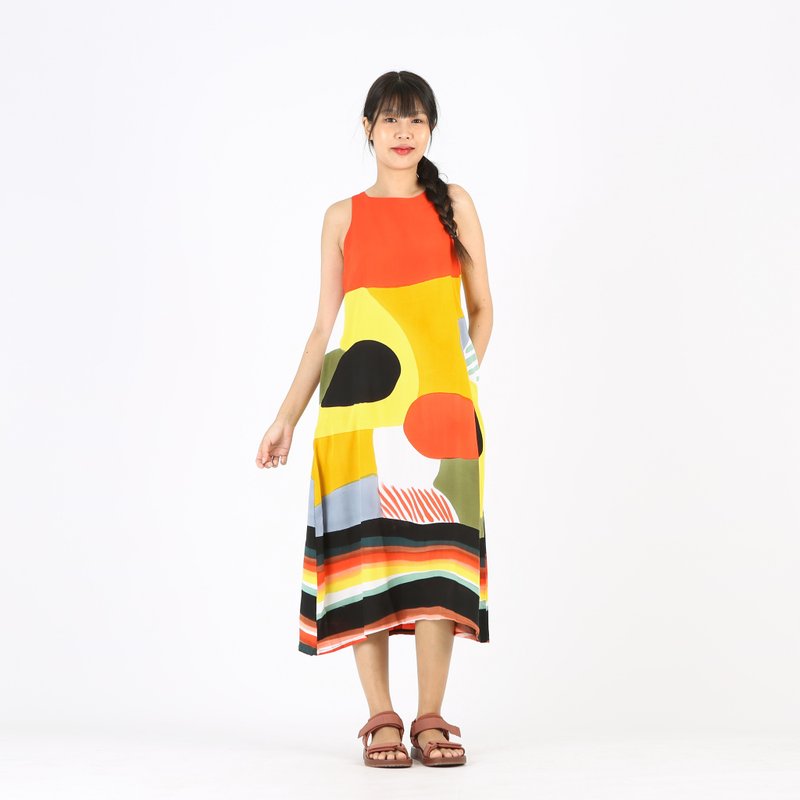 Long Dress Zip Cotton Rayon Hand Paint Free size - 洋装/连衣裙 - 棉．麻 黄色