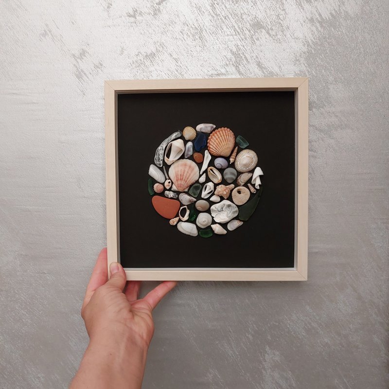 Seashell Collection, Sea Glass, Stones, Seashell Shadow Box Framed by Seashell - 墙贴/壁贴 - 其他材质 黑色