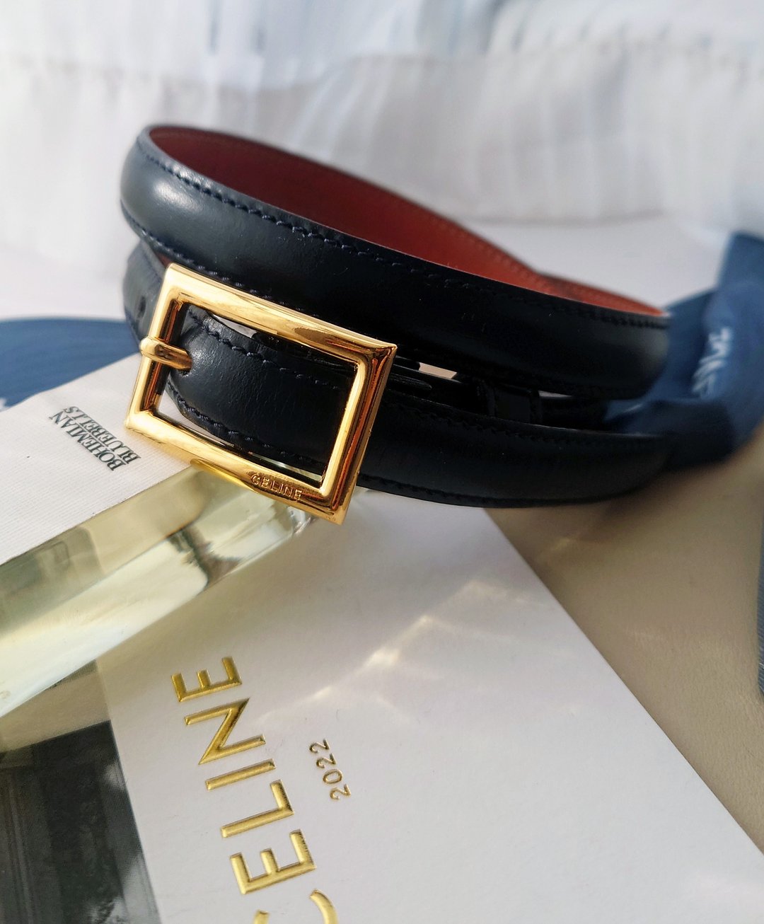 稀有美品 万能款 CELINE 深蓝金框 幼带 法式 腰链 腰带 皮带 belt - 皮带/腰带 - 真皮 蓝色