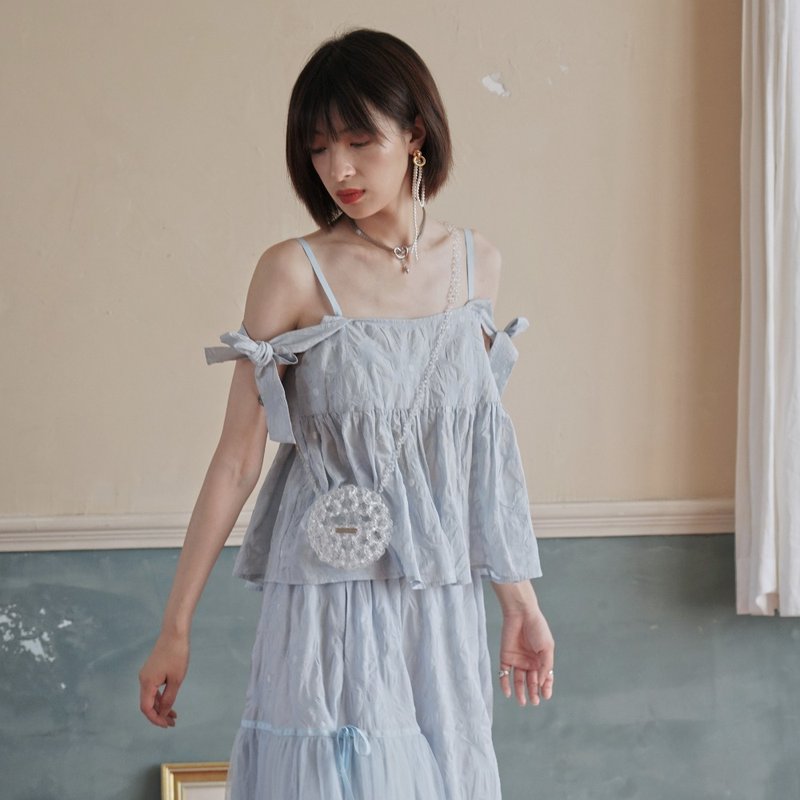 蓝色泡泡纱吊带娃娃衫|衬衫|吊带衫|背心|夏款|棉|Sora-530 - 女装衬衫 - 棉 蓝色