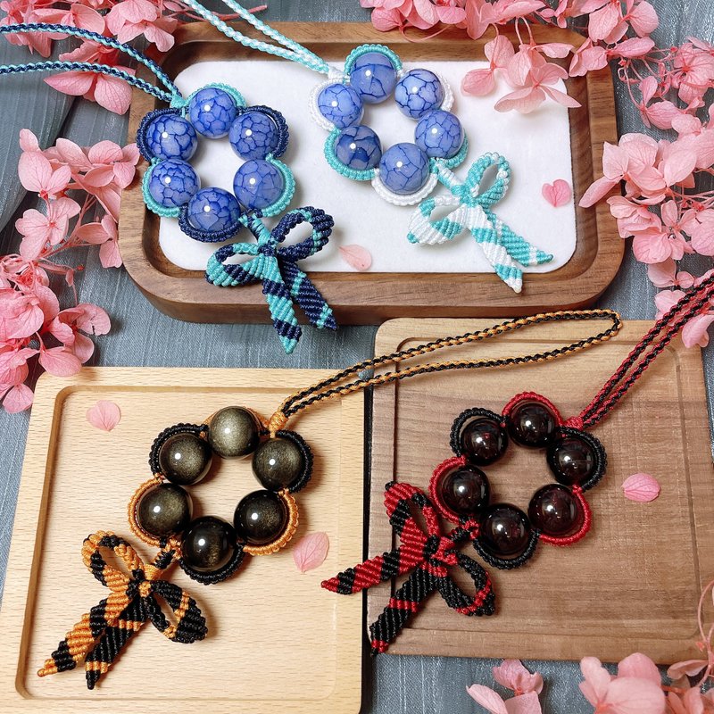 守护波堤矿石护符立体编织撞色蝴蝶结吊饰 - 吊饰 - 玉石 蓝色