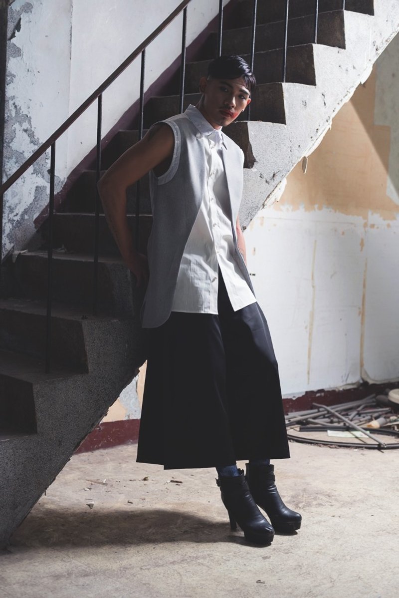 西奘领假两件拼接绣花无袖衬衫(162T13) - 男装衬衫 - 羊毛 灰色