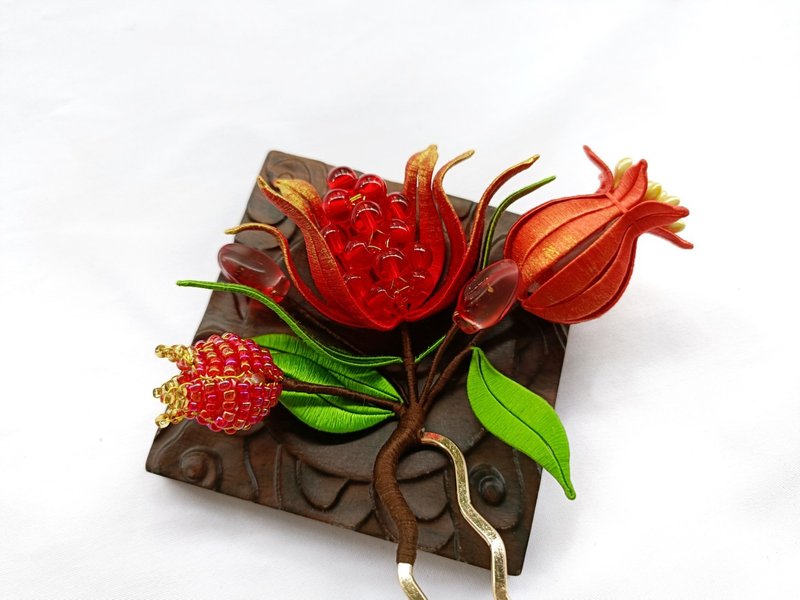 石榴艳红 传统缠花洒金缉珠石榴古风发簪发饰饰品 - 发饰 - 绣线 红色