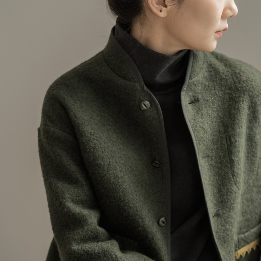 澳洲進口merino wool 輕盈外套 羔羊卷工藝 橄欖綠 O190534 - 女装上衣 - 羊毛 绿色