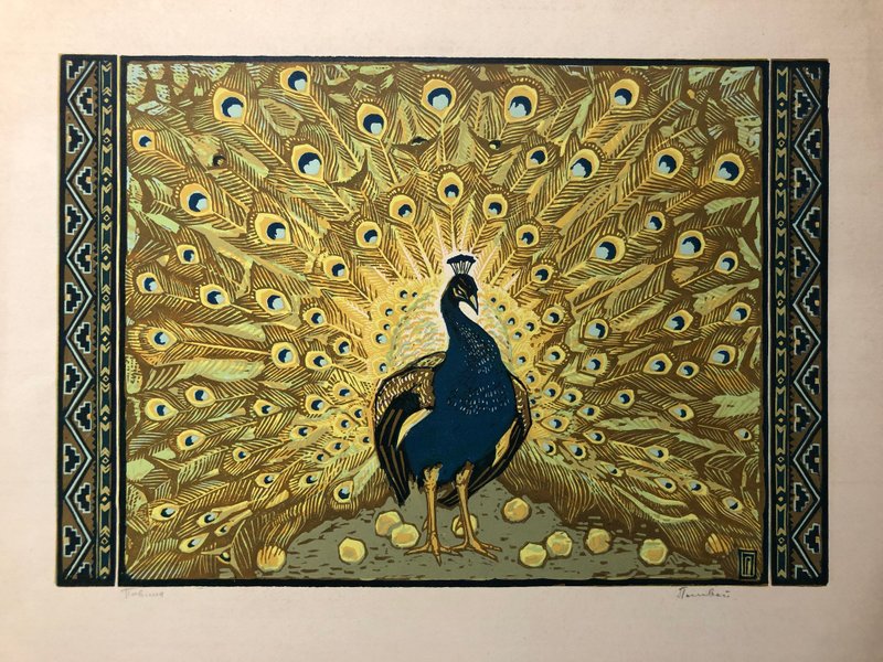 松尾雀，彩色油毡版画，原创艺术品，墙艺术 - 墙贴/壁贴 - 纸 金色