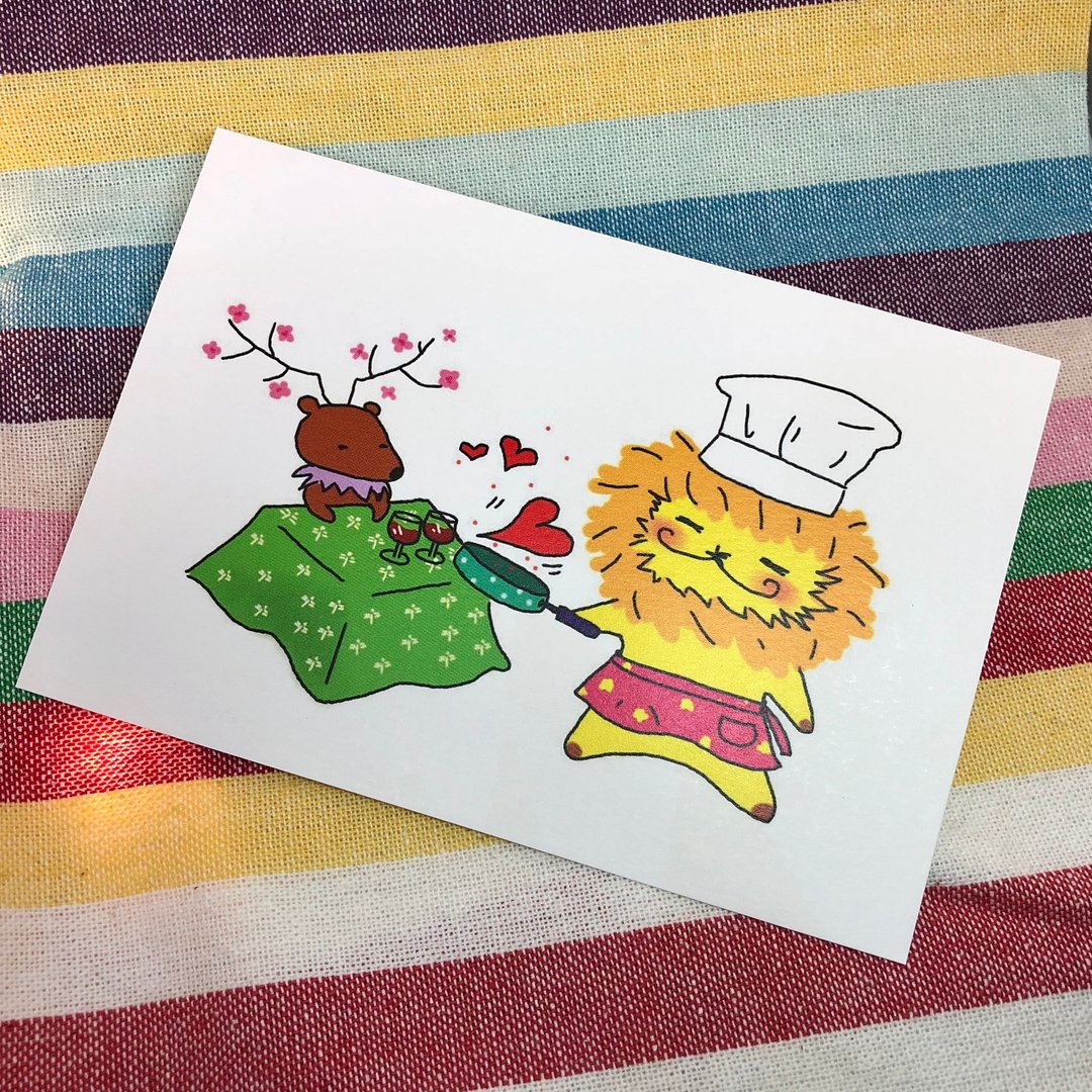 KaaLeo 明信片 - Cooking for Love 狮子 Lion ライオン - 卡片/明信片 - 纸 红色