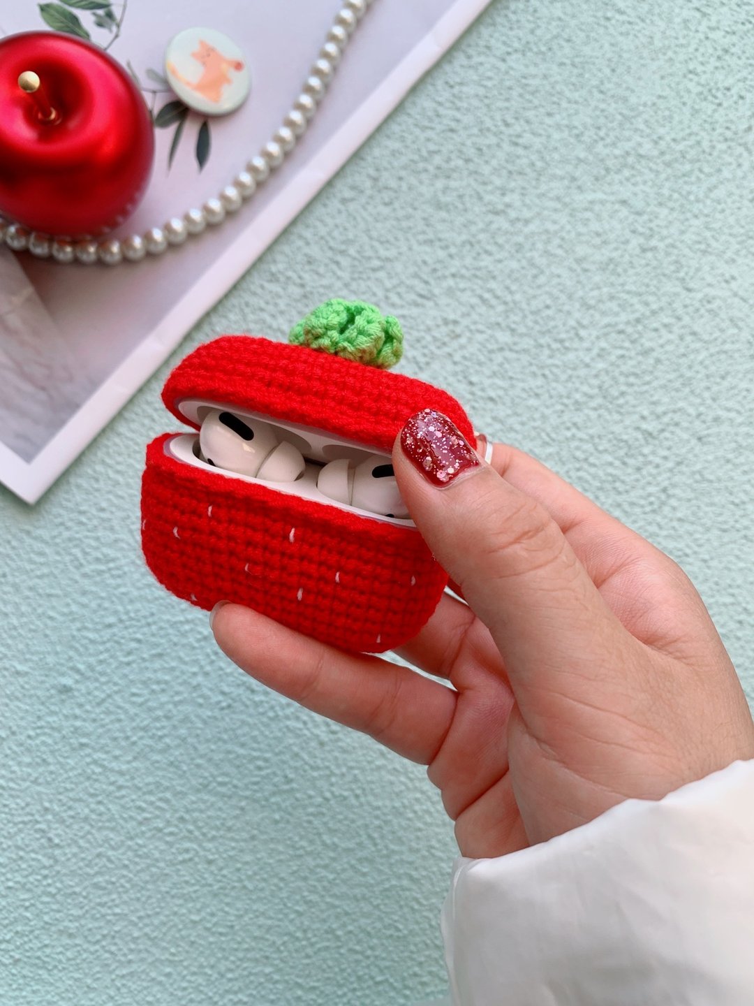 女生礼物手工原创草莓耳机套钩织耳机套苹果无线耳机AirPods Pro - 手机壳/手机套 - 棉 