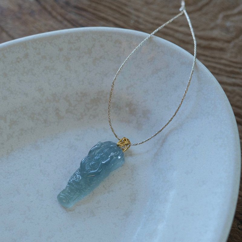 拈翠-天然危地马拉翡翠A货-14K金高冰蓝龙头坠au585 - 项链 - 玉石 蓝色