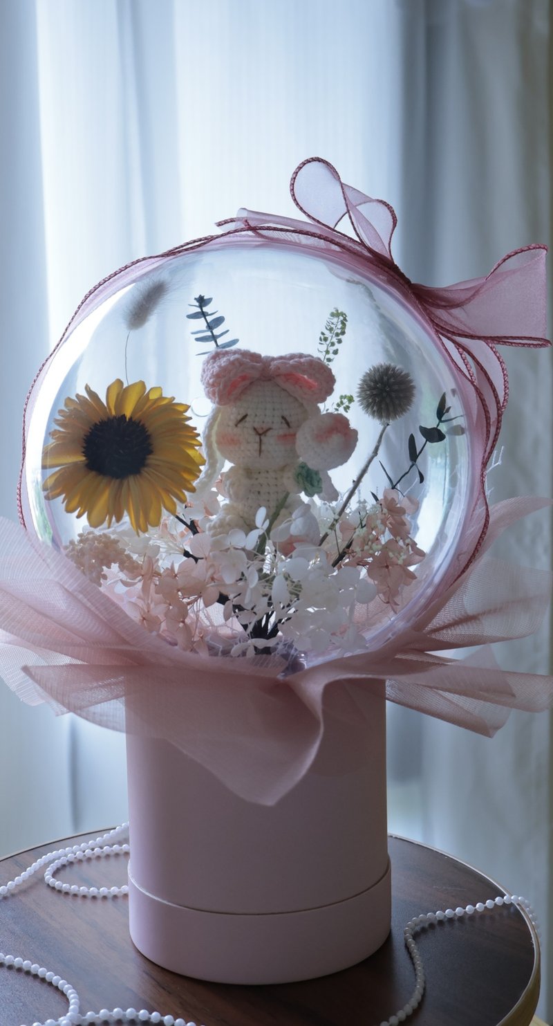 粉色垂耳兔永生花波波球抱抱桶花束 - 干燥花/捧花 - 植物．花 