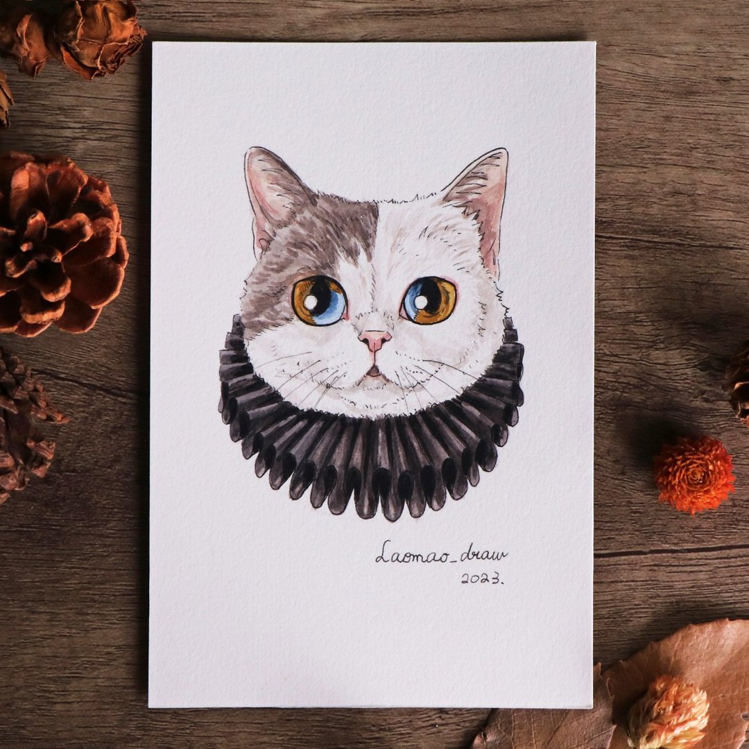 水彩插画原画稿 猫咪头像 4X6 6寸 3005 白底奶灰斑猫与拉夫领 - 海报/装饰画/版画 - 纸 