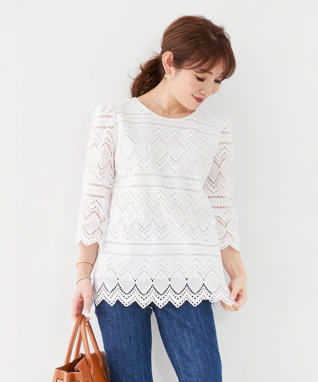 Blouse cotton lace 3/4 sleeves / Liala x PG - 女装衬衫 - 棉．麻 白色