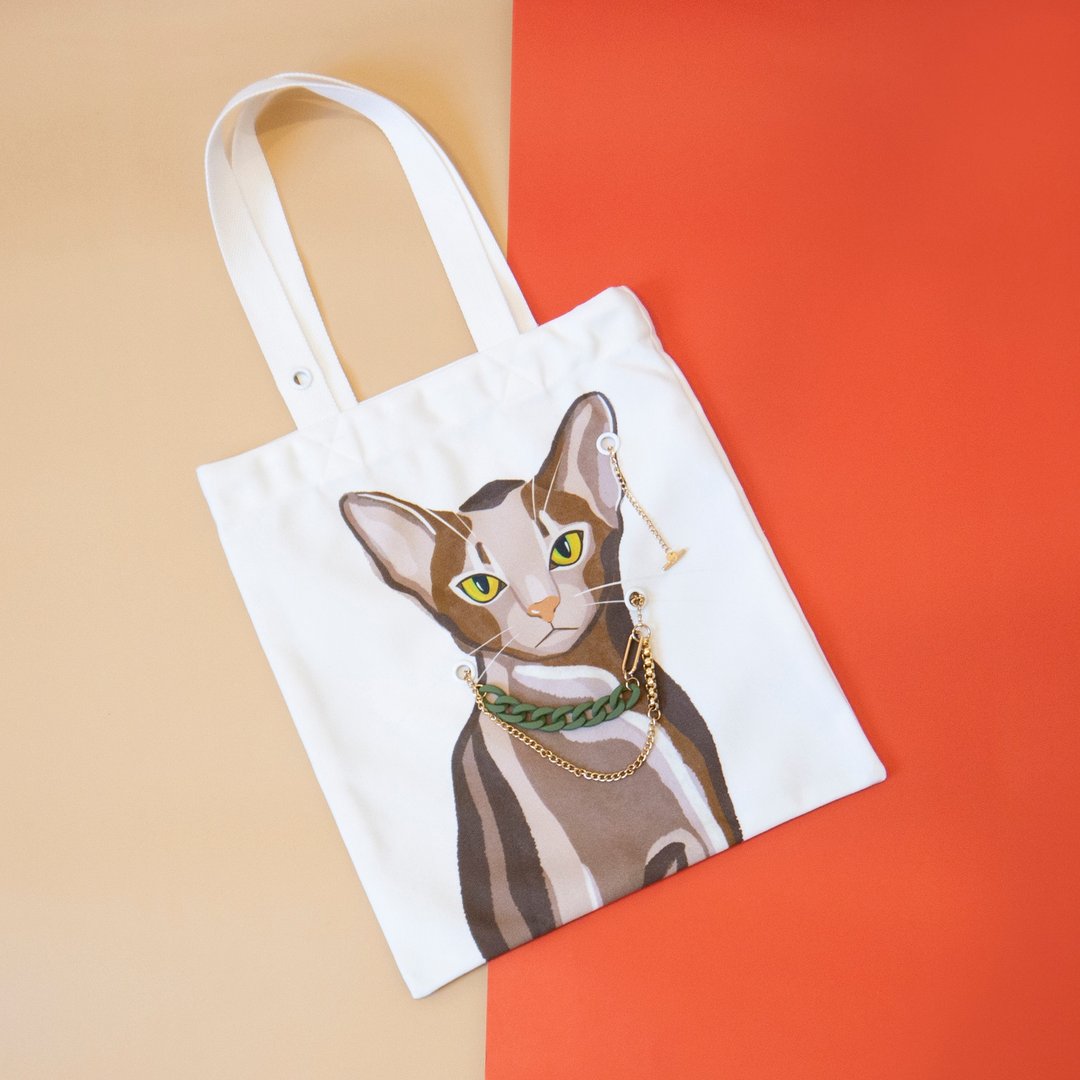 猫咪双面插画帆布包白色-阿比西尼亚猫 - 手提包/手提袋 - 聚酯纤维 白色