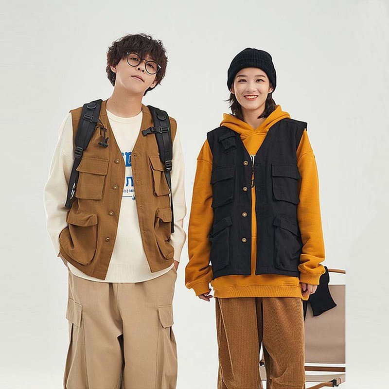 日系多口袋工装夹克 情侣外套马甲背心上衣 - 男装背心 - 其他材质 