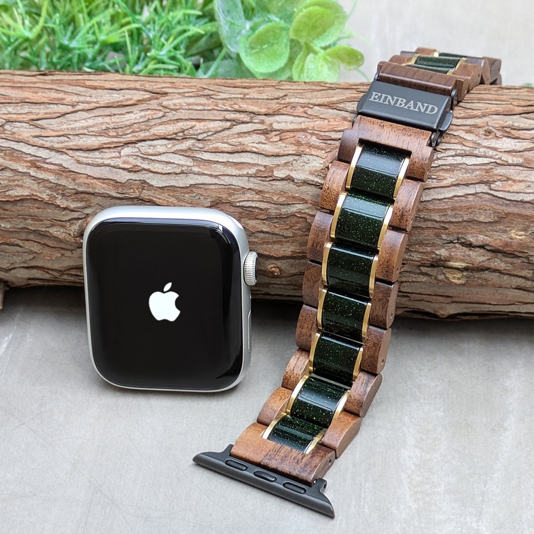 【木制表带】EINBAND AppleWatch 天然木表带 20mm 绿砂岩 × 胡桃木 - 女表 - 木头 黑色