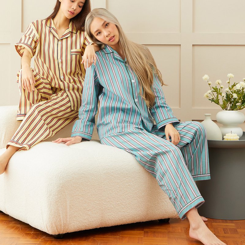 Cotton Pajamas long sleeve with Pants - 居家服/睡衣 - 棉．麻 蓝色