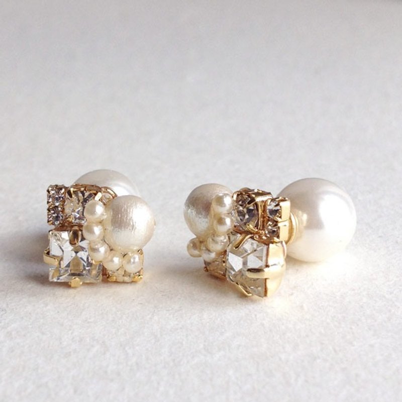 14kgf vintage Swarovski and cotton Pearl Square Earrings * Pearl catch [ii-362] - 耳环/耳夹 - 其他材质 白色