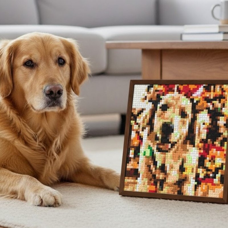 【定制】标准尺寸像素风格积木画 毛小孩 生日/纪念/彩虹桥 - 外出包 - 塑料 金色