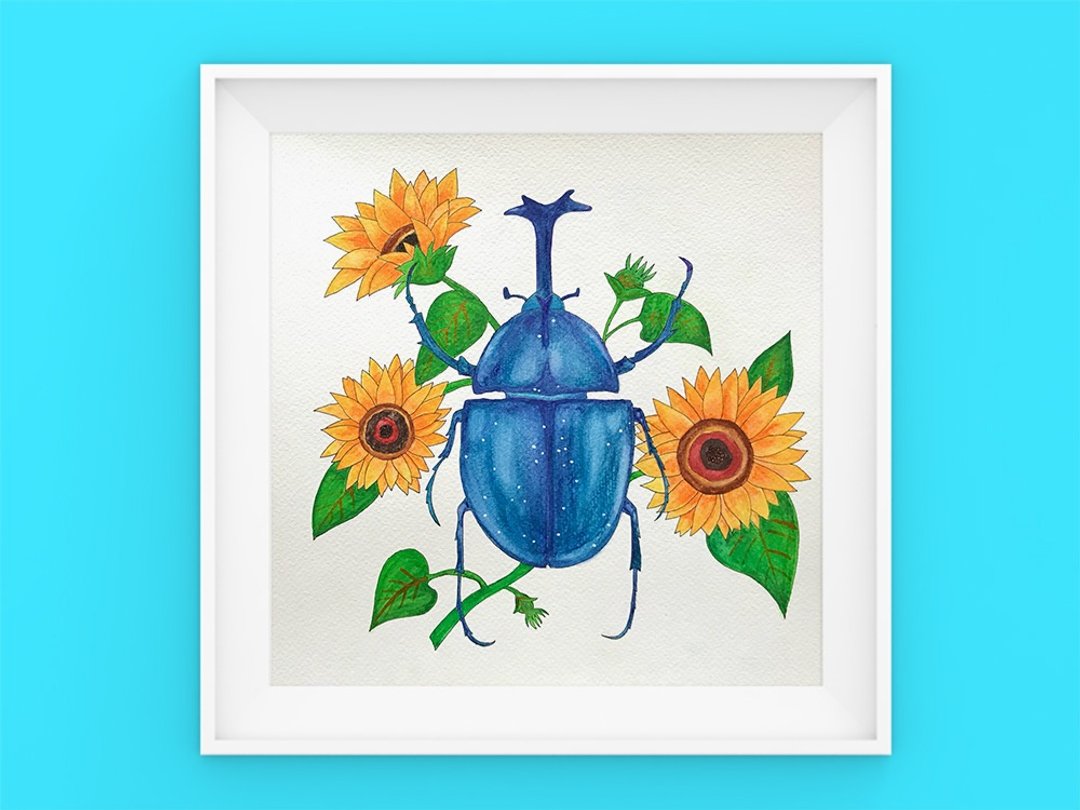 Original Painting // Beetle and Sunflower // Japanese rhinoceros beetle - 海报/装饰画/版画 - 纸 蓝色