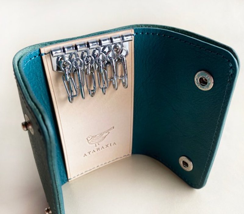6 key case that holds bills, turquoise, Italian leather, Arizona use, free name engraving, gift available - 钥匙链/钥匙包 - 真皮 蓝色