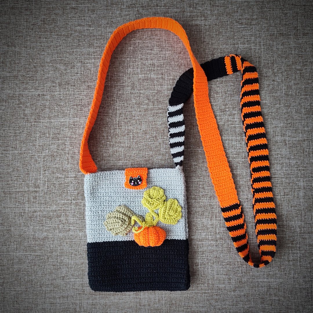 Crochet bag  pumpkin. Crochet bag for phone. Women's bag. Pumpkin bag crochet. - 零钱包 - 棉 橘色