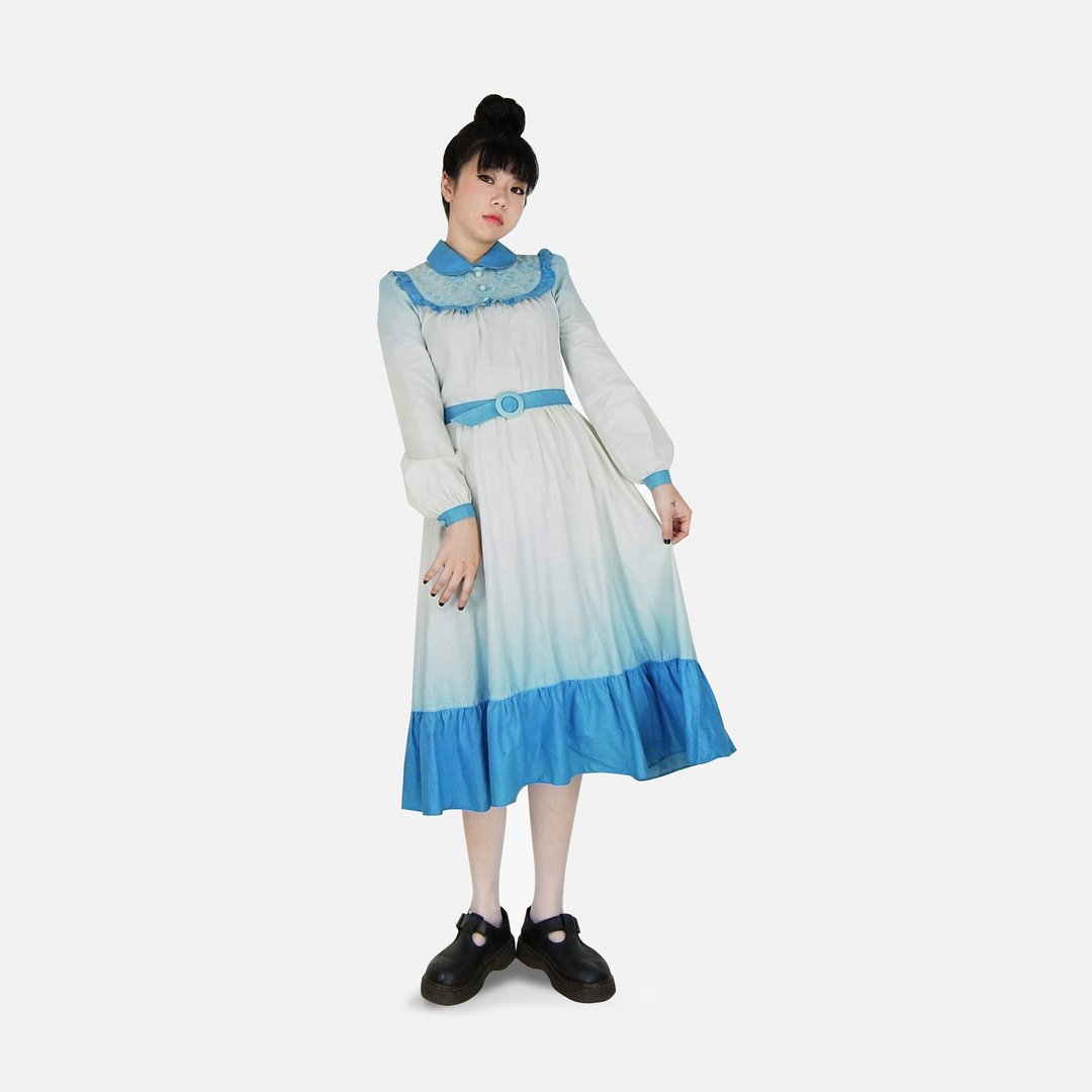 A·PRANK :DOLLY :: 复古着VINTAGE水蓝超美渐层精致造型蕾丝花边领欧式古着洋装(附腰带) - 洋装/连衣裙 - 棉 