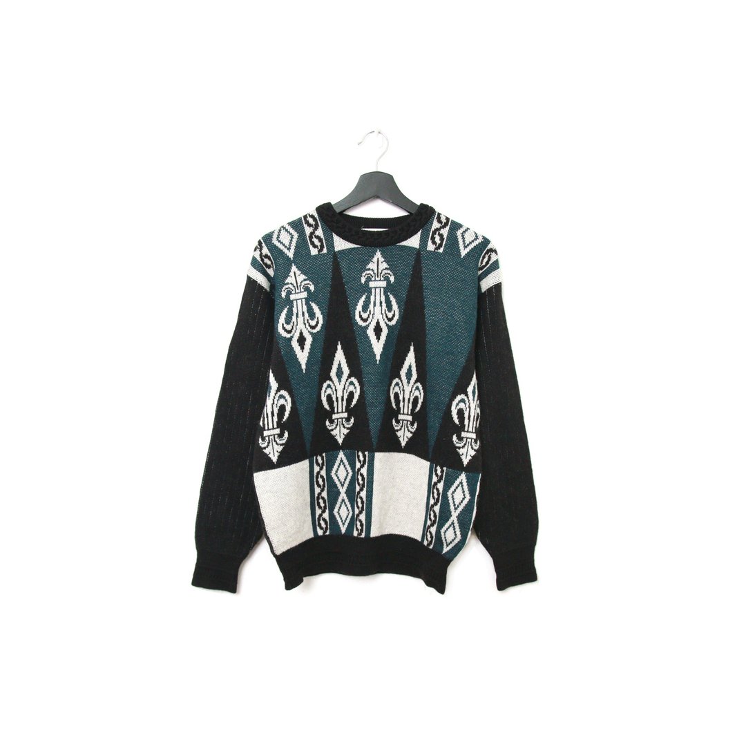 Back to Green-复古毛衣 绿黑相间 图腾 ws-59 vintage sweater - 女装针织衫/毛衣 - 羊毛 