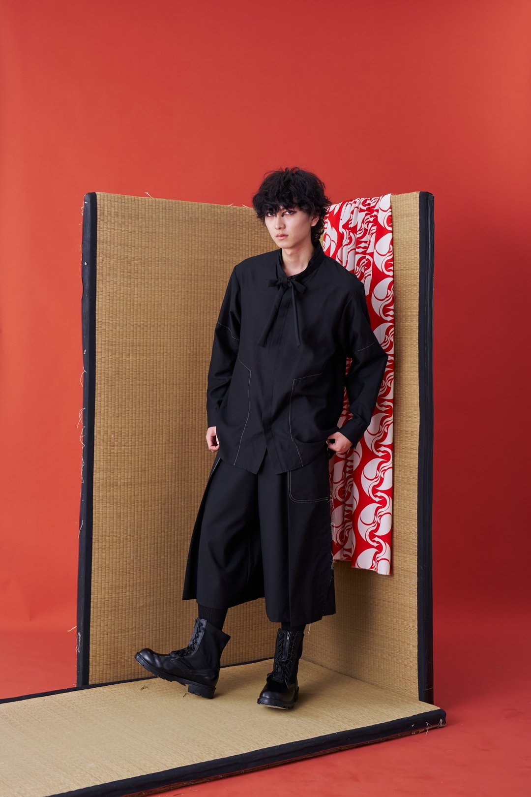 长袖衬衫/解构衣领/绑带/24AW-INF - 男装衬衫 - 聚酯纤维 黑色